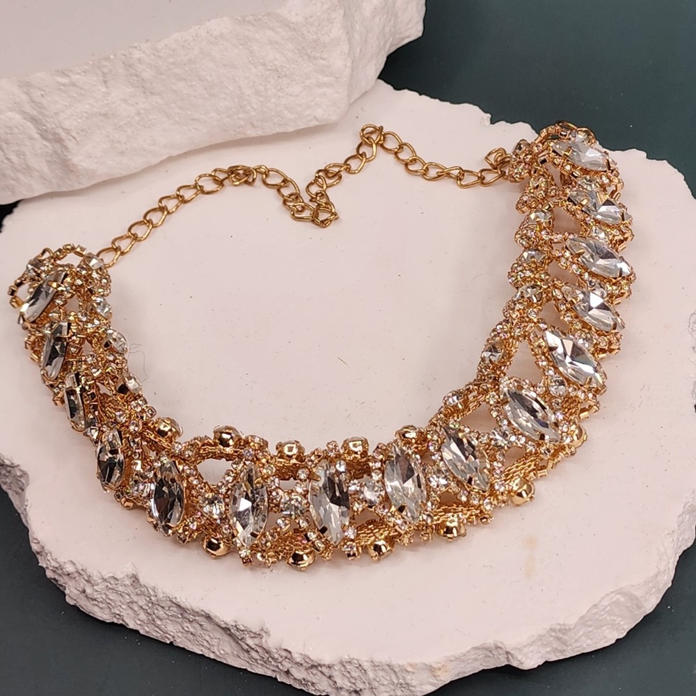 Gold Tone Clear Rhinestone Crystal Statement Bib Collar Necklace Glam Vintage